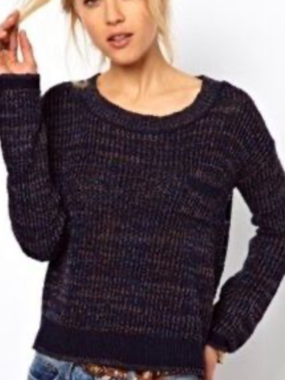 Free People Navy Open-Weave Scoop-Neck Sweater with Rust Flecks